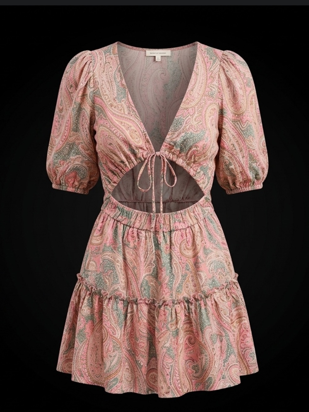 Sky to Moon Paisley Tie-Front Pink and Green Mini Dress with Puff Sleeves Boho L